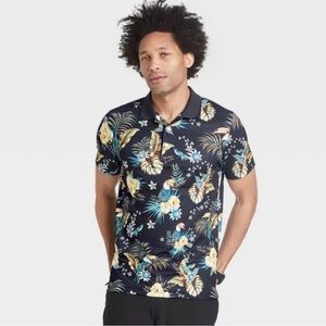 Goodfellow Men’s Shirt XL Hawaiian Polo Blue Toucan floral fawns navy blue